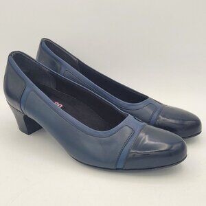 Munro Jillian Cap Toe Pumps 2" Heel Leather Two Tone Dark Blue Blk Sz 10 W Wide